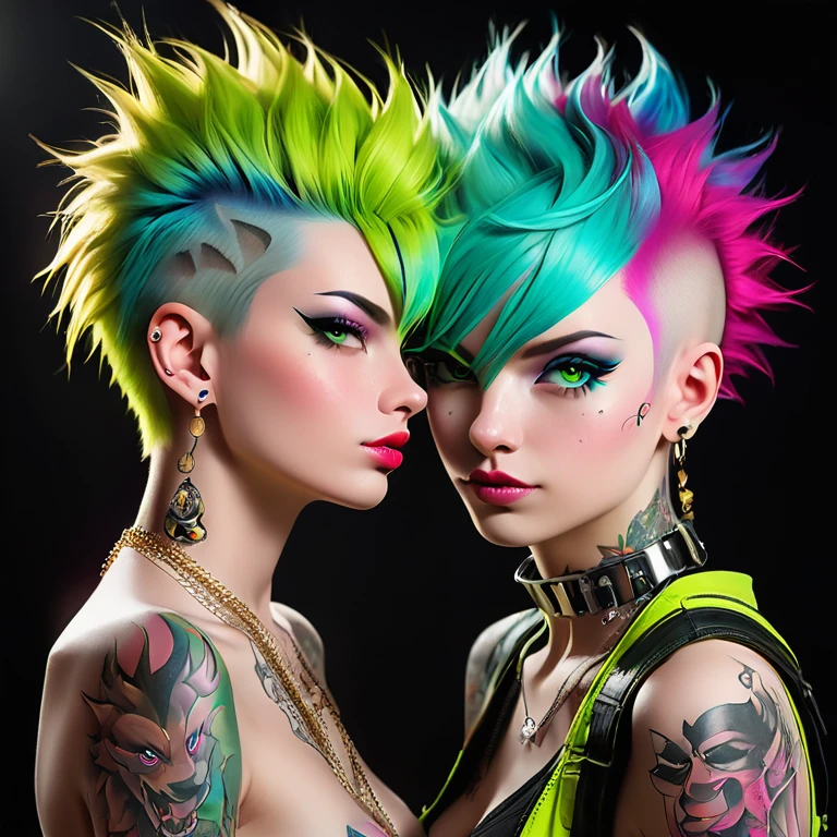 
Portrait of 2 cute Russian teenagers - a boy and a girl in the style of Alberto Seveso ,best quality, Very detailed, photorealistic, black hair on a punk boy and white hair on a punk girl, school heartthrobs ! Detailed eyes, upper body, naked torso, Luxurious Punk Hair, Avant-garde punk fashion, Avant-garde makeup, multiple piercings, Gold jewelry ,Heavily tattooed body, 3D Colored Tattoos, dragon tattoo on neck , abstract background, Backlight effect, shallow depth of field, black background" Meticulous, analog style, Focus on the eyes, of the highest quality, very detailed skin, photo of a very handsome Russian punk, perfect cute face, skin pores, penetration , green background, hips , clear focus, grainy lighting, Backlight ,high film grain, сфотографирован камерой Sony A7R IV, 18мм F/1.7 cinema lenses, very detailed, detailed development, 8 thousand., HDR, front view, upper body .