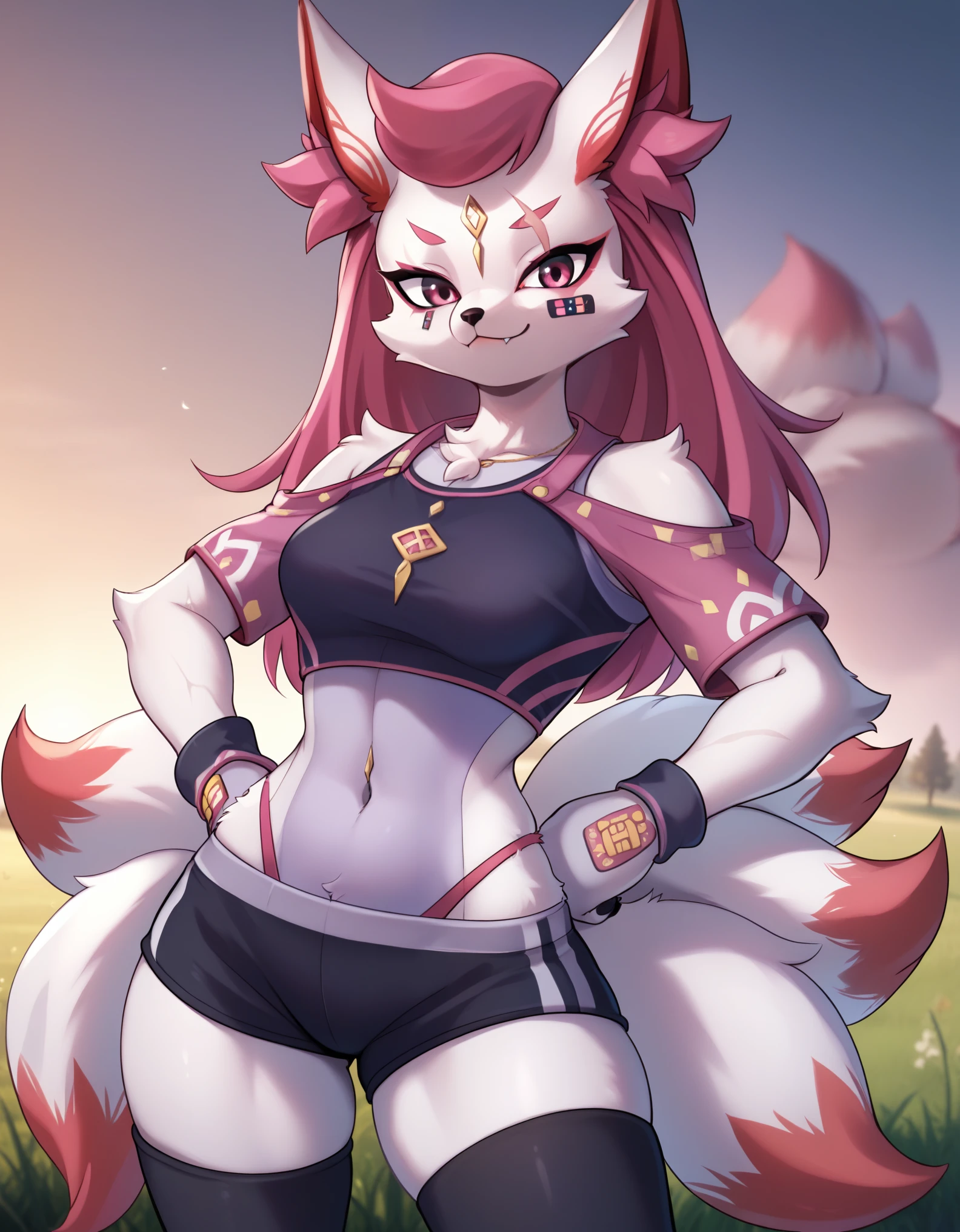 Score_9, score_8_up, score_7_up, kemono style,Anthro, Anthro furry fox girl, 1girl, Kimikoxl, anthro, fox girl, white fur, pink hair, animal ears, animal nose, pink eyes, face markings, eye scar, bandaid on face, multiple tails, 5 tails, standing, wearing pink crop top, gym shorts, pink high-rise thong, black thigh highs, seductive pose, outdoors, on a grassy field, hands on hips, smug expression, tight body, mound of venus