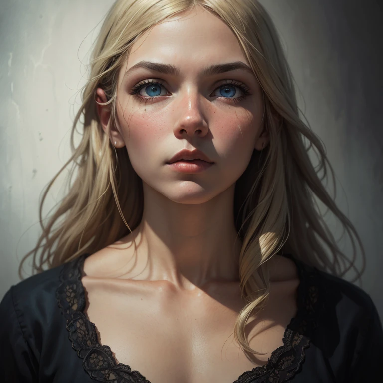 Chained golden white haired girl with honey colored eyes in dirty medieval clothes in a cell