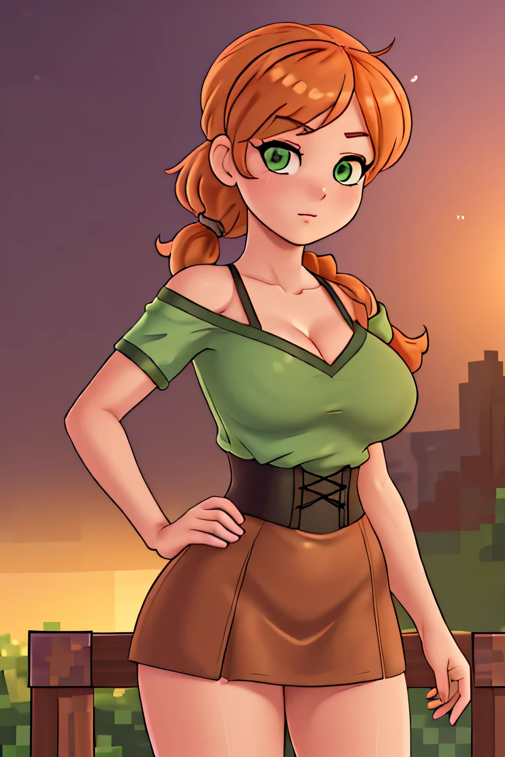close up 1girl in, photo of Alex, Alex Minecraft, Anime style, Solo, (messy Golden copper blonde hair, short ponytail over left shoulder, thick Ginger hair, (green eyes: 1.2), (perfect clear skin, pale skin, detailed skin, large breasts, round breasts, perfect body, skinny, thin), (thin hips, thin waist: 1.25), (mischievous expression, leaning against wooden railing: 1.1), (she wears a pirate girl outfit, red headband, red bandana, do-rag, charlatan, mysterious, corset, leather dress, chemise, blouse, on a pirate ship, sunset at sea, Minecraft world, (realistic photo, best quality, detailed), (8k wallpaper), (cinematic lighting, beautiful light, (evening:1.3)) (sharp focus, intricate), (dslr, realistic, looking at viewer, sharp focus, delicate, soft colors, cinematic)