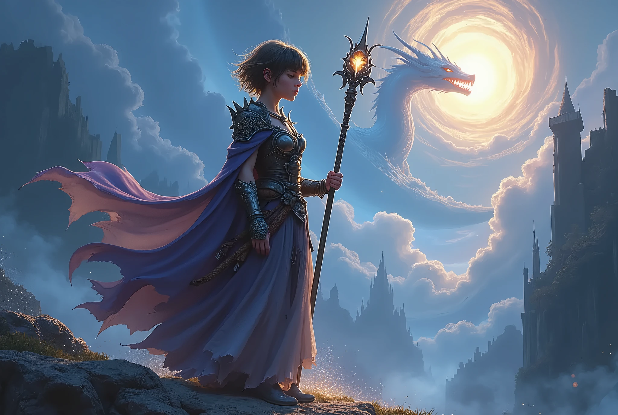 realistic cinematic illustration of a fragile yet powerful young witch sorceress standing on a cliff holding a shining staff, short messy brown hair with fringe, wearing worn and torn wizard's robes mixed with Amazon and warrior armor, determined but melancholic expression, colossal magical dragons and ruins of a destroyed kingdom behind her, swirling clouds in the sky with rays of magic illuminating the horizon, vibrant realistic shading with contrasting deep blues, purples and bright magical golds, mysterious and epic atmosphere, magic dust, glitter, ultra sparkling vapors, sense of hidden power, best quality, 4k, 8k, highres, masterpiece, ultra-detailed, realistic, photorealistic, HDR, UHD, studio lighting, ultra-fine painting, sharp focus, physically-based rendering, extreme detail description, professional, vivid colors, bokeh