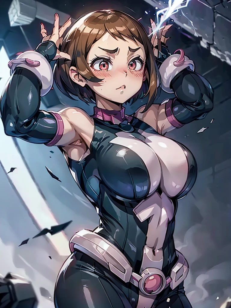 hmochako, blushing, short hair, big breasts, superhero, black leotard