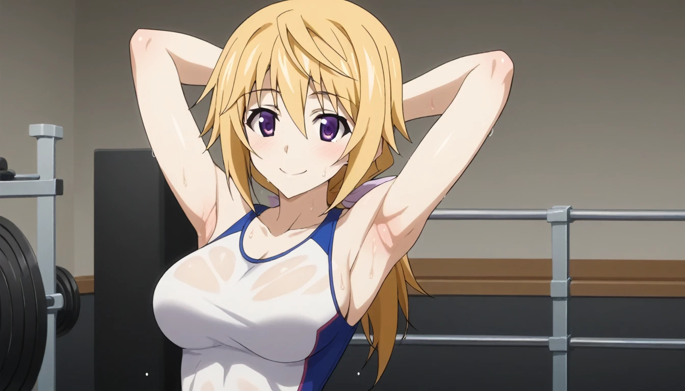 Score_9, Score_8_Superior, Score_7_Superior, sauce_anime,
Charlotte Denoy, Charlotte Dunois, Long Hair, blonde, Ribbon Purple Eye, ponytail, Hair Ribbon ,(Fits your body,Sportswear,Sleeveless),View your audience, Alone,whole body,Large Breasts,Anatomically correct, Captivating smile, gym,One Girl, 8k,Show your armpits,Wet with sweat,