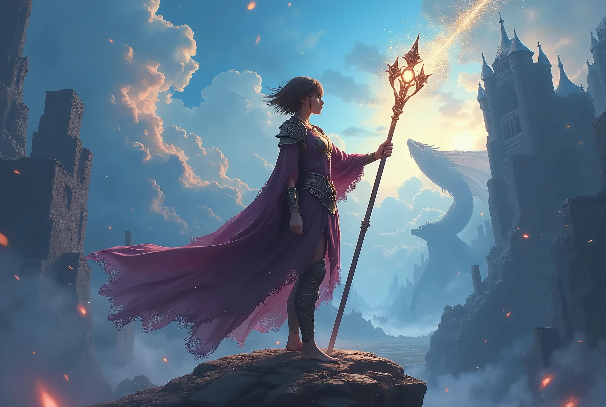 realistic cinematic illustration of a fragile yet powerful young witch sorceress standing on a cliff holding a shining staff, short messy brown hair with fringe, wearing worn and torn wizard's robes mixed with Amazon and warrior armor, determined but melancholic expression, colossal magical dragons and ruins of a destroyed kingdom behind her, swirling clouds in the sky with rays of magic illuminating the horizon, vibrant realistic shading with contrasting deep blues, purples and bright magical golds, mysterious and epic atmosphere, magic dust, glitter, ultra sparkling vapors, sense of hidden power, best quality, 4k, 8k, highres, masterpiece, ultra-detailed, realistic, photorealistic, HDR, UHD, studio lighting, ultra-fine painting, sharp focus, physically-based rendering, extreme detail description, professional, vivid colors, bokeh