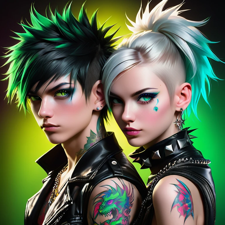 
Portrait of 2 cute Russian teenagers - a boy and a girl in the style of Alberto Seveso ,best quality, Very detailed, photorealistic, black hair on a punk boy and white hair on a punk girl, school heartthrobs ! Detailed eyes, upper body, naked torso, Luxurious Punk Hair, Avant-garde punk fashion, Avant-garde makeup, multiple piercings, Gold jewelry ,Heavily tattooed body, 3D Colored Tattoos, dragon tattoo on neck , abstract background, Backlight effect, shallow depth of field, black background" Meticulous, analog style, Focus on the eyes, of the highest quality, very detailed skin, photo of a very handsome Russian punk, perfect cute face, skin pores, penetration , green background, hips , clear focus, grainy lighting, Backlight ,high film grain, сфотографирован камерой Sony A7R IV, 18мм F/1.7 cinema lenses, very detailed, detailed development, 8 thousand., HDR, front view, upper body .