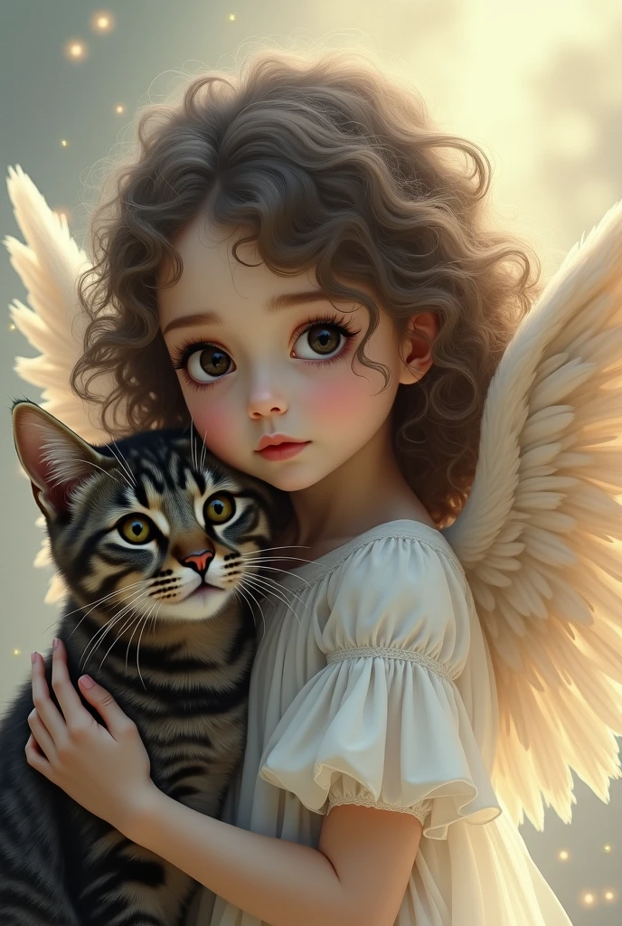 Close-up photo of a beautiful baby girl dressed in angel outfit, with a ((kitten in her hands)), night town, rain, realistic photo, ultra realistic
