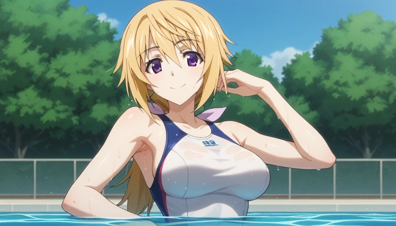 Score_9, Score_8_Superior, Score_7_Superior, sauce_anime,
Charlotte Denoy, Charlotte Dunois, Long Hair, blonde, Ribbon Purple Eye, ponytail, Hair Ribbon ,(Fits your body,White competitive swimsuit),View your audience, Alone,whole body,Large Breasts,Anatomically correct, Captivating smile, Poolside,One Girl, 8k,Show your armpits,Wet with sweat,