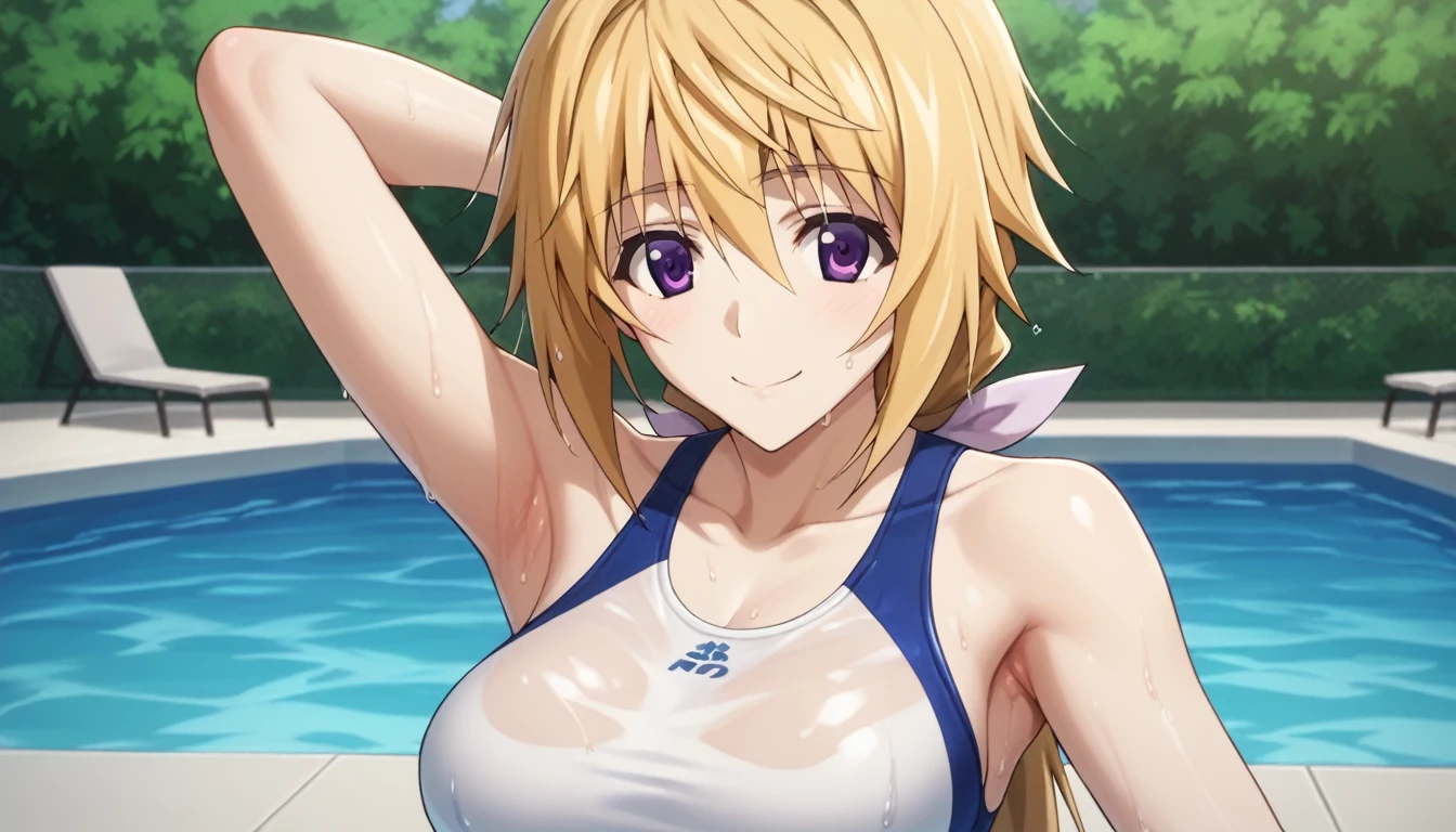 Score_9, Score_8_Superior, Score_7_Superior, sauce_anime,
Charlotte Denoy, Charlotte Dunois, Long Hair, blonde, Ribbon Purple Eye, ponytail, Hair Ribbon ,(Fits your body,White competitive swimsuit),View your audience, Alone,whole body,Large Breasts,Anatomically correct, Captivating smile, Poolside,One Girl, 8k,Show your armpits,Wet with sweat,