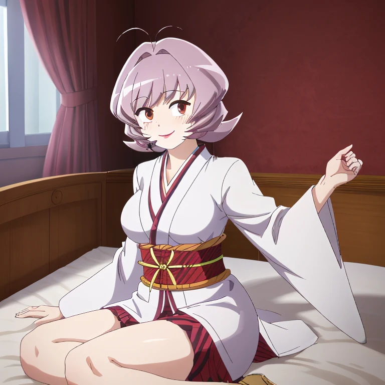 (​best quality,highres,masterpiece),short hair, pink hair, breasts, smile, kimono, white kimono, jewelry, red blush, red lips, red eye shadow, brown eyes, bedroom, looking at viewer, thighs, earrings, thighlet, moist shiny skin 