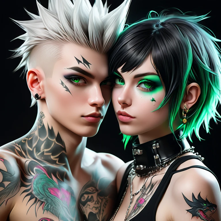 
Portrait of 2 cute Russian teenagers - a boy and a girl in the style of Alberto Seveso ,best quality, Very detailed, photorealistic, black hair on a punk boy and white hair on a punk girl, school heartthrobs ! Detailed eyes, upper body, naked torso, Luxurious Punk Hair, Avant-garde punk fashion, Avant-garde makeup, multiple piercings, Gold jewelry ,Heavily tattooed body, 3D Colored Tattoos, dragon tattoo on neck , abstract background, Backlight effect, shallow depth of field, black background" Meticulous, analog style, Focus on the eyes, of the highest quality, very detailed skin, photo of a very handsome Russian punk, perfect cute face, skin pores, penetration , green background, hips , clear focus, grainy lighting, Backlight ,high film grain, сфотографирован камерой Sony A7R IV, 18мм F/1.7 cinema lenses, very detailed, detailed development, 8 thousand., HDR, front view, upper body .