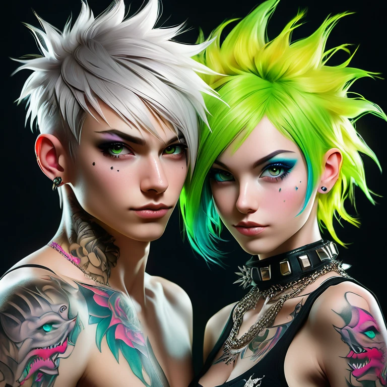 
Portrait of 2 cute Russian teenagers - a boy and a girl in the style of Alberto Seveso ,best quality, Very detailed, photorealistic, black hair on a punk boy and white hair on a punk girl, school heartthrobs ! Detailed eyes, upper body, naked torso, Luxurious Punk Hair, Avant-garde punk fashion, Avant-garde makeup, multiple piercings, Gold jewelry ,Heavily tattooed body, 3D Colored Tattoos, dragon tattoo on neck , abstract background, Backlight effect, shallow depth of field, black background" Meticulous, analog style, Focus on the eyes, of the highest quality, very detailed skin, photo of a very handsome Russian punk, perfect cute face, skin pores, penetration , green background, hips , clear focus, grainy lighting, Backlight ,high film grain, сфотографирован камерой Sony A7R IV, 18мм F/1.7 cinema lenses, very detailed, detailed development, 8 thousand., HDR, front view, upper body .