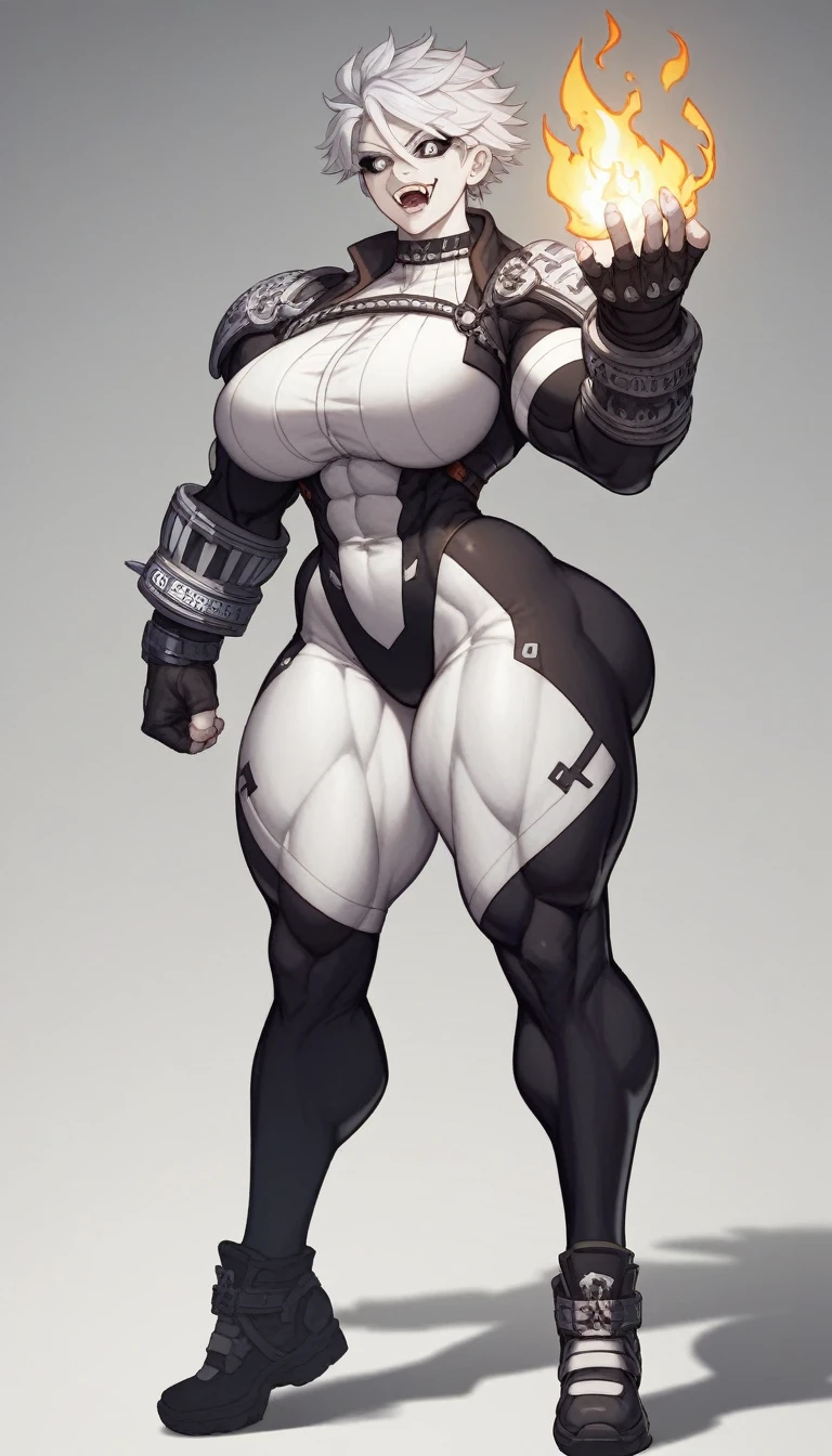 ((masterpiece)),((anime)), 1girl, solo, white short silver hair, white eyes, black sclera, white iris, pale white skin, engraved circuitry marks, fangs, lean athletic muscular frame, big breasts, big hips, big ass, muscly thighs, dressed in a white jail bodysuit, standing with a fashion pose, white facility, full body shot, body shrouded lightly in white flame aura, black lightning crackling wildly{high quality}}, {{8K clarity}}, {{no grain}}
