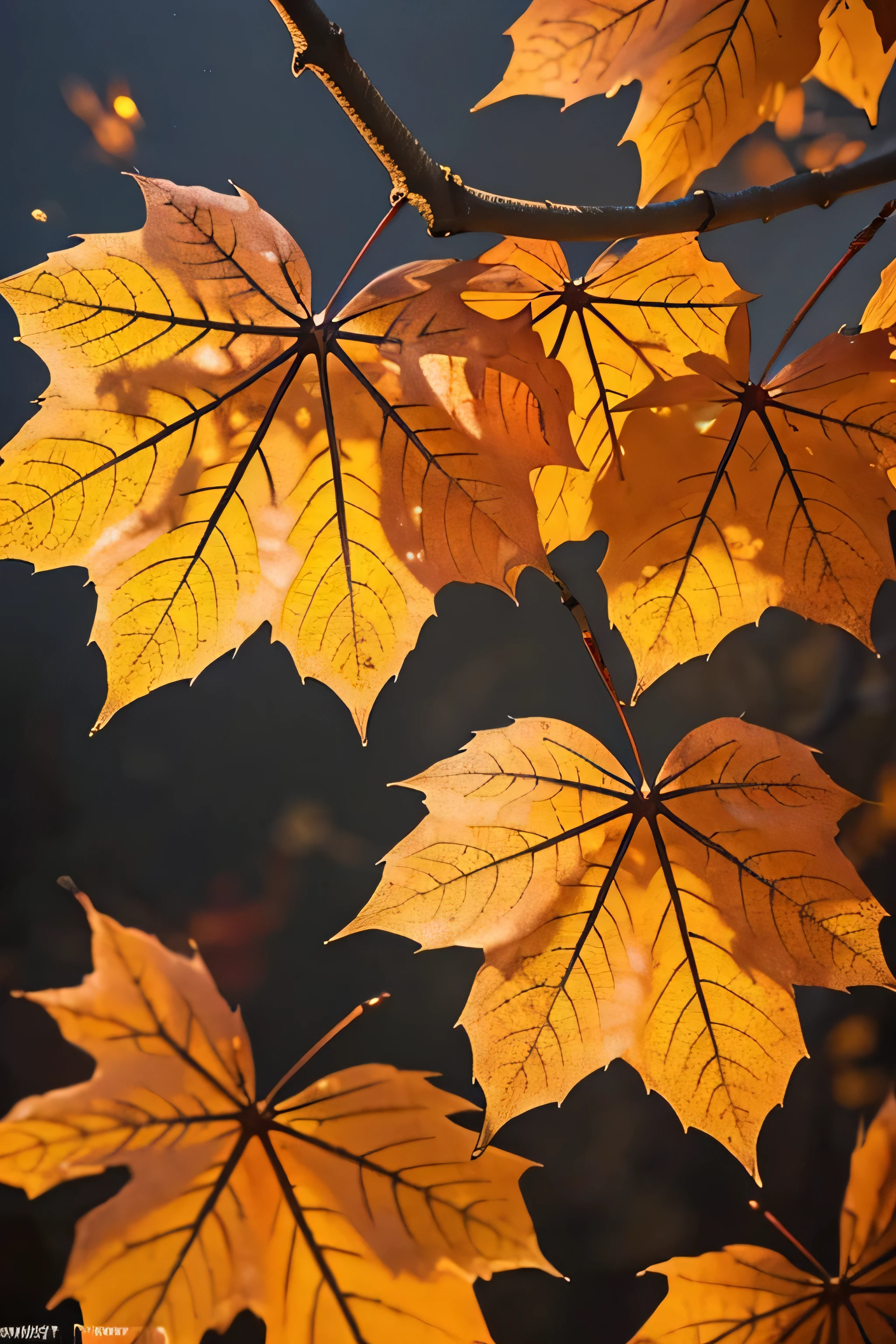 autumn twilight，close-up，dried leaves on a tree branch，dewdrops on the leaves，dim color