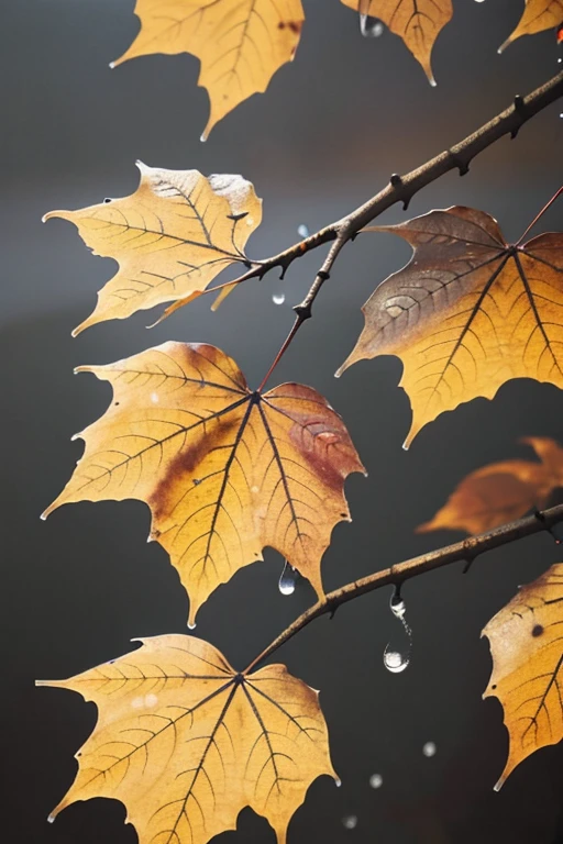 autumn twilight，close-up，dried leaves on a tree branch，waterdrops on the leaves，grey hue