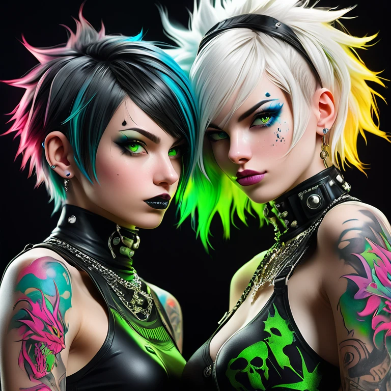 
Portrait of 2 cute Russian teenagers - a boy and a girl in the style of Alberto Seveso ,best quality, Very detailed, photorealistic, black hair on a punk boy and white hair on a punk girl, school heartthrobs ! Detailed eyes, upper body, naked torso, Luxurious Punk Hair, Avant-garde punk fashion, Avant-garde makeup, multiple piercings, Gold jewelry ,Heavily tattooed body, 3D Colored Tattoos, dragon tattoo on neck , abstract background, Backlight effect, shallow depth of field, black background" Meticulous, analog style, Focus on the eyes, of the highest quality, very detailed skin, photo of a very handsome Russian punk, perfect cute face, skin pores, penetration , green background, hips , clear focus, grainy lighting, Backlight ,high film grain, сфотографирован камерой Sony A7R IV, 18мм F/1.7 cinema lenses, very detailed, detailed development, 8 thousand., HDR, front view, upper body .