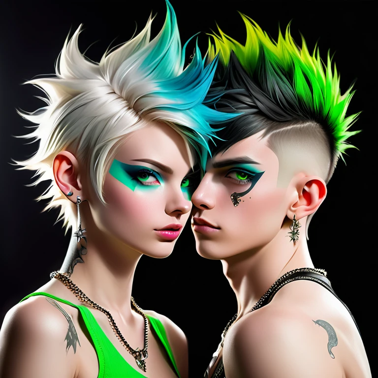 
Portrait of 2 cute Russian teenagers - a boy and a girl in the style of Alberto Seveso ,best quality, Very detailed, photorealistic, black hair on a punk boy and white hair on a punk girl, school heartthrobs ! Detailed eyes, upper body, naked torso, Luxurious Punk Hair, Avant-garde punk fashion, Avant-garde makeup, multiple piercings, Gold jewelry ,Heavily tattooed body, 3D Colored Tattoos, dragon tattoo on neck , abstract background, Backlight effect, shallow depth of field, black background" Meticulous, analog style, Focus on the eyes, of the highest quality, very detailed skin, photo of a very handsome Russian punk, perfect cute face, skin pores, penetration , green background, hips , clear focus, grainy lighting, Backlight ,high film grain, сфотографирован камерой Sony A7R IV, 18мм F/1.7 cinema lenses, very detailed, detailed development, 8 thousand., HDR, front view, upper body .