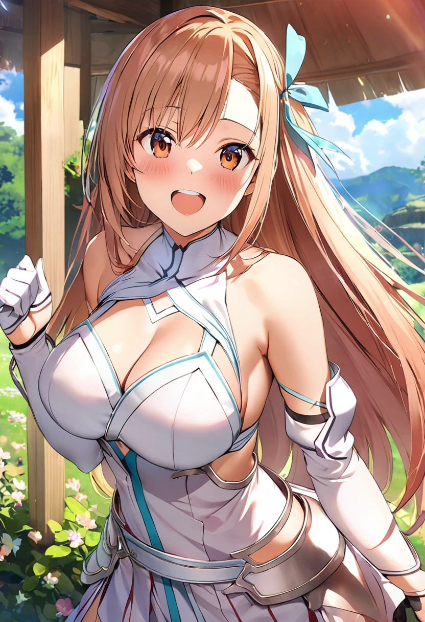 ((masterpiece)), Best Quality, Very detailed,(One Girl),Yuki Asuna、Asuna (Stay), Brown eyes, Bare shoulders, chest当て, armor, Removable sleeve gloves, White gloves, (Red and white dress), Long Hair, Beautiful background ,Clothing,  chest, (((Excited))), (((Heat stroke))),