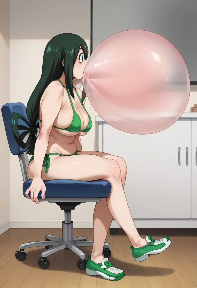 (Full body, 1girl, solo), Tsuyu Asui, lip air blow into bubblegum, (blowing clear (((gigantic))) bubblegum:1.6), bikini, bedroom, sitting on chair, 1futa, erection