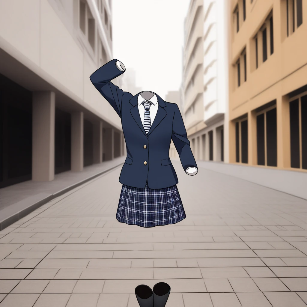 A headless figure in a formal outfit resembling a school uniform. The figure is wearing a dark blue blazer, white button-up shirt, striped necktie, and a plaid skirt. The figure is posed as if walking confidently down an urban street, with their right hand raised. The head is completely missing, showing only an empty collar where the neck should be. The scene takes place outdoors on a city sidewalk, with buildings and traffic in the background.