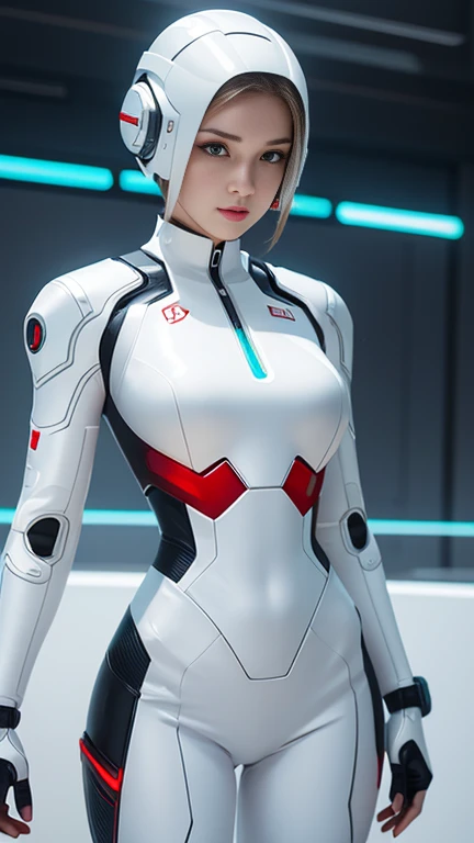 1girl, white hair, wild hair, red eyes, (white eyelashes:1.2), emotionless, red glow halo, (chromatic aberration:1.2), solo, digital dissolve, black bodysuit, 20 years old, mature, arrogant expression, black background