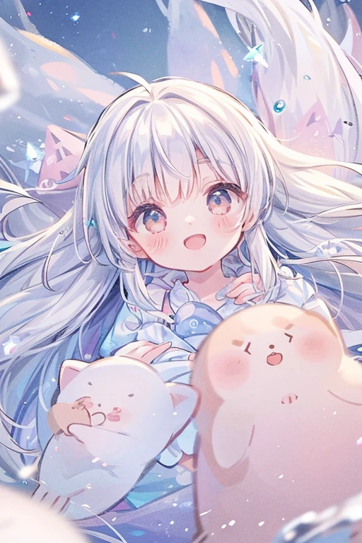 beautiful girl,Cat ear,Long white hair,Light blue eyes,cute, young, Black Pantyhose, Wearing a large hoodie,sleeping,Big Eyes,smile,1 person,The background is a starry sky,beautiful girlのみ,Show off your skirt flipping up,No shoes,Red cheeks,Shiny and delicate eyes,