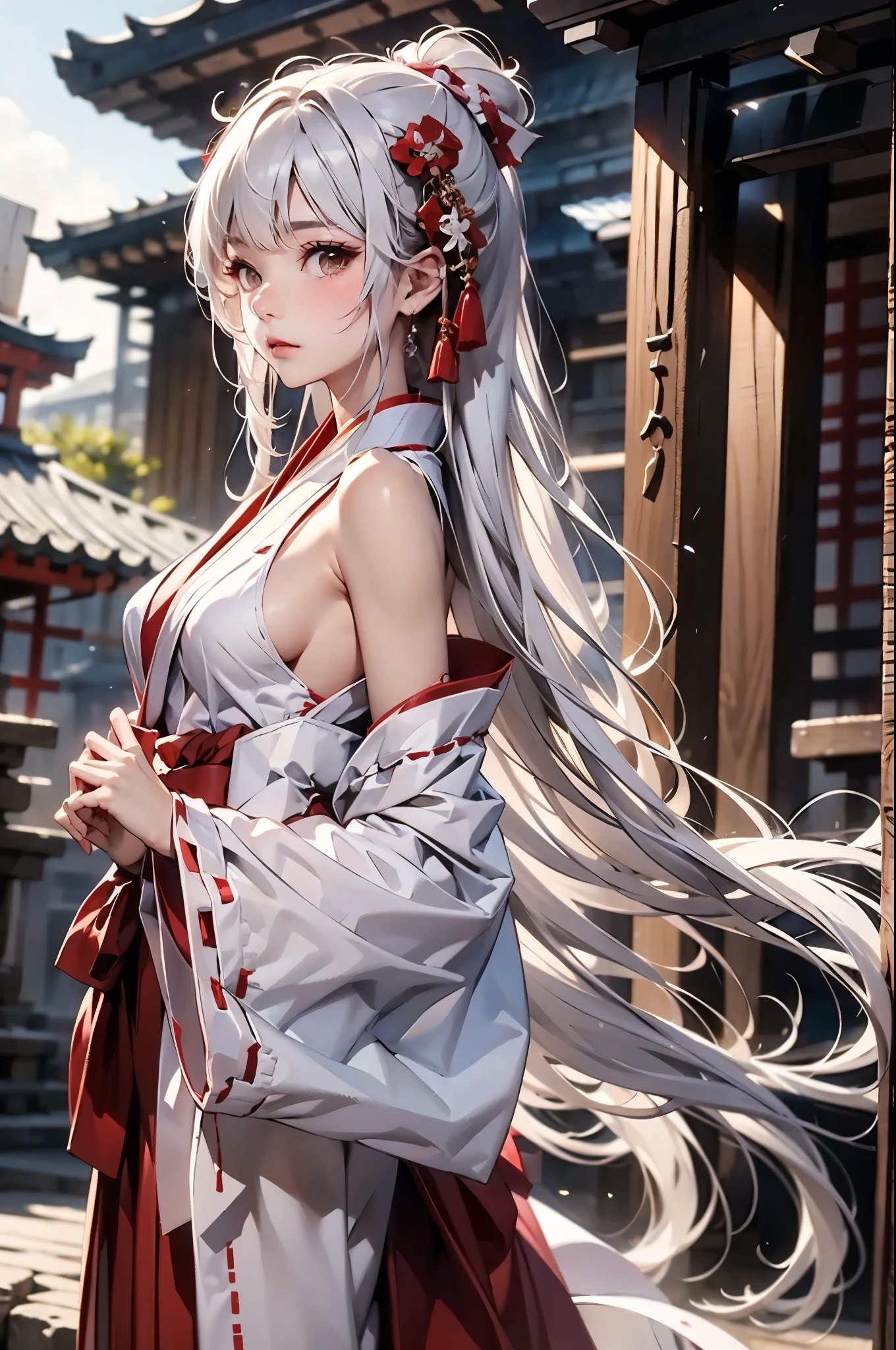 masterpiece, best quality, 1girl, white hair, medium breasts, Shrine maiden, white Shrine maiden clothing、red hakama, Separated sleeves, Exposed shoulders, Magazine model poses, ruins, from side
