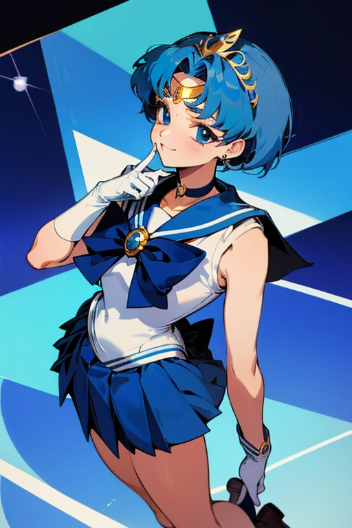 {best quality:1.5}, {very aesthetic:1.2}, ami mizuno, blue eyes, blue hair, short hair, parted bangs,back bow, blue bow, blue choker, blue sailor collar, blue skirt, bow, choker, earrings, gloves, jewelry, magical girl, miniskirt, pleated skirt, sailor collar, sailor senshi uniform, skirt, stud earrings,The tiara is worn only on the forehead,from above , sleeveless,from side,Pleased,contrapposto,put hands on hands together,bad quality,worst quality

