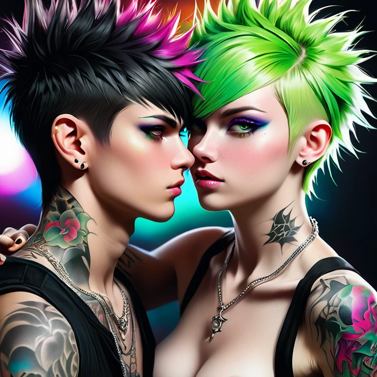 
Portrait of 2 cute Russian teenagers - a boy and a girl in the style of Alberto Seveso ,best quality, Very detailed, photorealistic, black hair on a punk boy and white hair on a punk girl, school heartthrobs ! Detailed eyes, upper body, naked torso, Luxurious Punk Hair, Avant-garde punk fashion, Avant-garde makeup, multiple piercings, Gold jewelry ,Heavily tattooed body, 3D Colored Tattoos, dragon tattoo on neck , abstract background, Backlight effect, shallow depth of field, black background" Meticulous, analog style, Focus on the eyes, of the highest quality, very detailed skin, photo of a very handsome Russian punk, perfect cute face, skin pores, penetration , green background, hips , clear focus, grainy lighting, Backlight ,high film grain, сфотографирован камерой Sony A7R IV, 18мм F/1.7 cinema lenses, very detailed, detailed development, 8 thousand., HDR, front view, upper body .