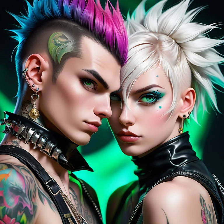 
Portrait of 2 cute Russian teenagers - a boy and a girl in the style of Alberto Seveso ,best quality, Very detailed, photorealistic, black hair on a punk boy and white hair on a punk girl, school heartthrobs ! Detailed eyes, upper body, naked torso, Luxurious Punk Hair, Avant-garde punk fashion, Avant-garde makeup, multiple piercings, Gold jewelry ,Heavily tattooed body, 3D Colored Tattoos, dragon tattoo on neck , abstract background, Backlight effect, shallow depth of field, black background" Meticulous, analog style, Focus on the eyes, of the highest quality, very detailed skin, photo of a very handsome Russian punk, perfect cute face, skin pores, penetration , green background, hips , clear focus, grainy lighting, Backlight ,high film grain, сфотографирован камерой Sony A7R IV, 18мм F/1.7 cinema lenses, very detailed, detailed development, 8 thousand., HDR, front view, upper body .