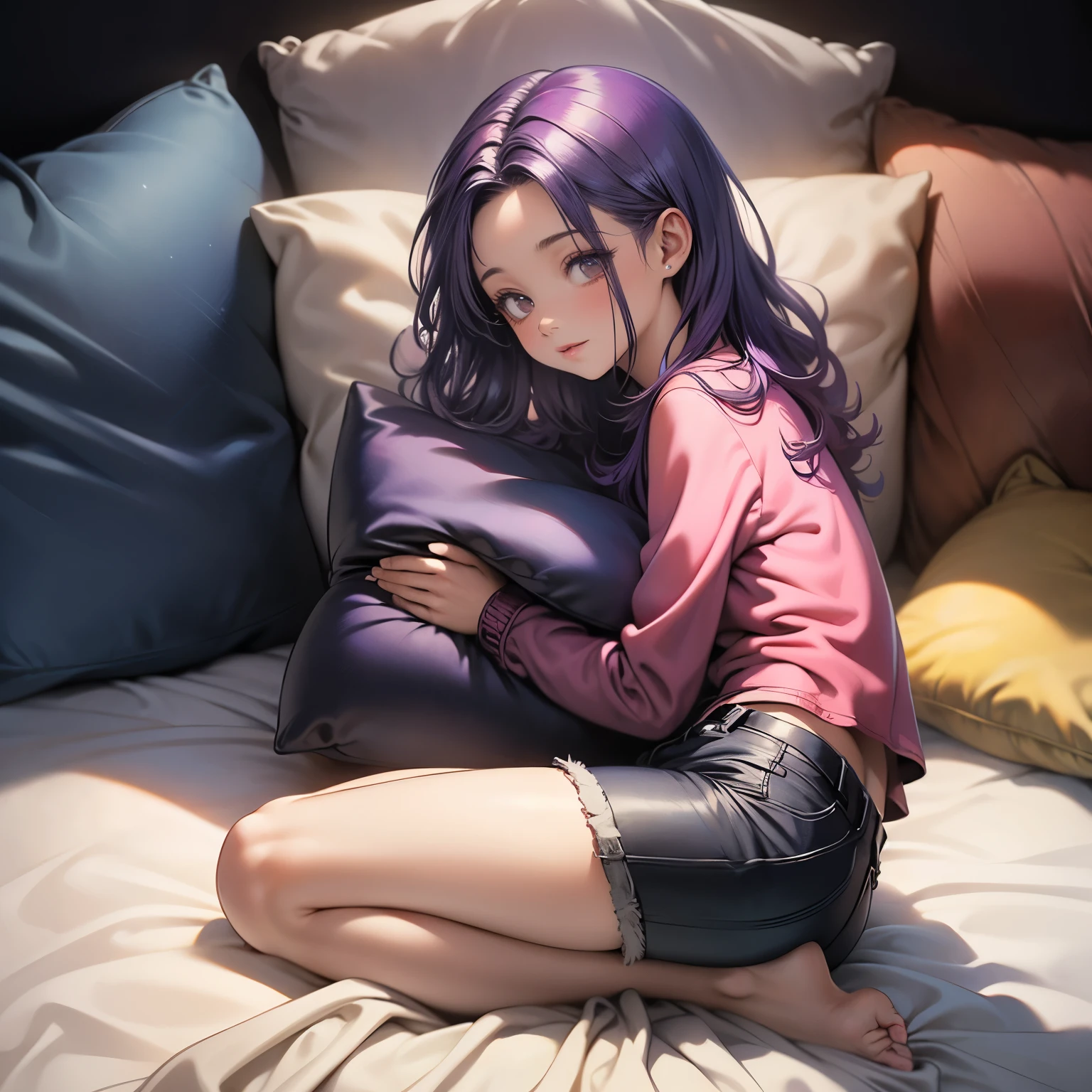 (masterpiece), best quality, 1girl, expressive eyes, perfect face, (purple hair), perfect anatomy, full body, 4k, HDR, full HD, alone, he is sleeping hugging a pillow, his hair is messy, he is wearing shorts thin fabric, a loose pink blouse,