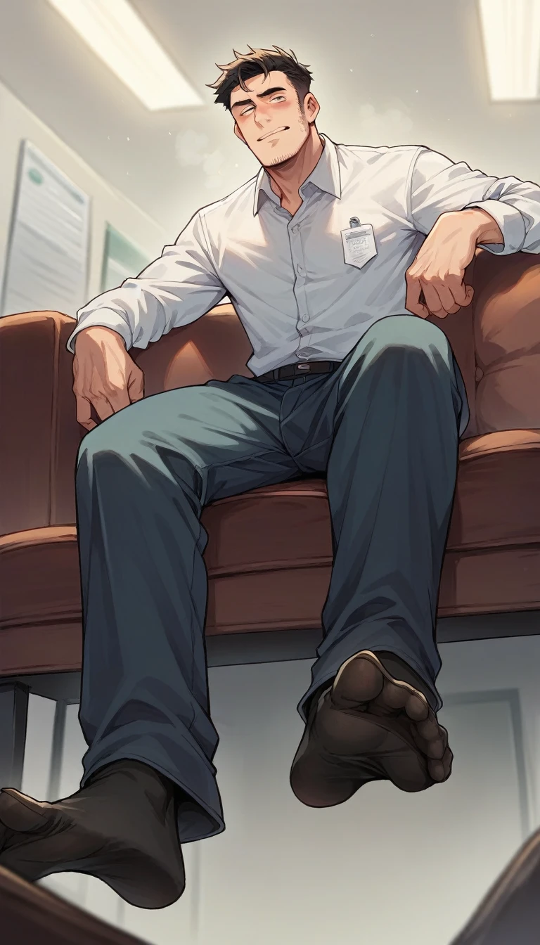 man in office attires, pants:2, sitting on a sofa showing smelly black long dress-socks, Low angle, long shoot, good face