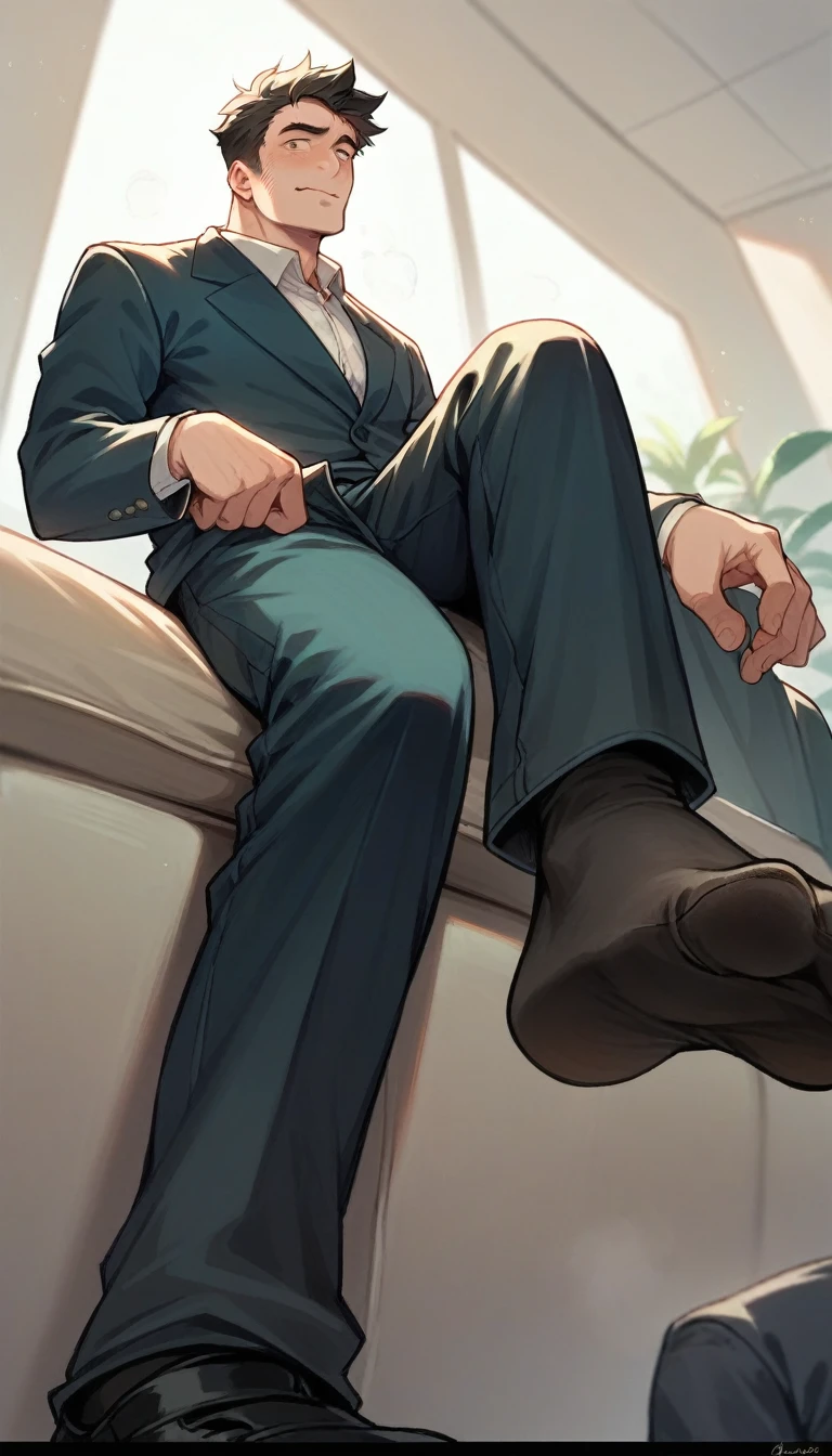 man in office attires, pants:2, sitting on a sofa showing smelly black long dress-socks, Low angle, long shoot, good face