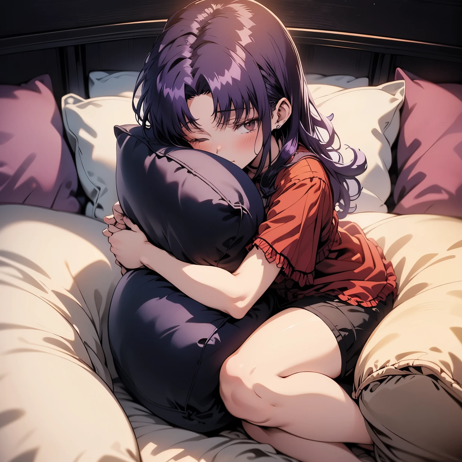 (masterpiece), best quality, 1girl, expressive eyes, perfect face, (purple hair), perfect anatomy, full body, 4k, HDR, full HD, alone, he is sleeping hugging a pillow, his hair is messy, he is wearing shorts thin fabric, a loose pink blouse,