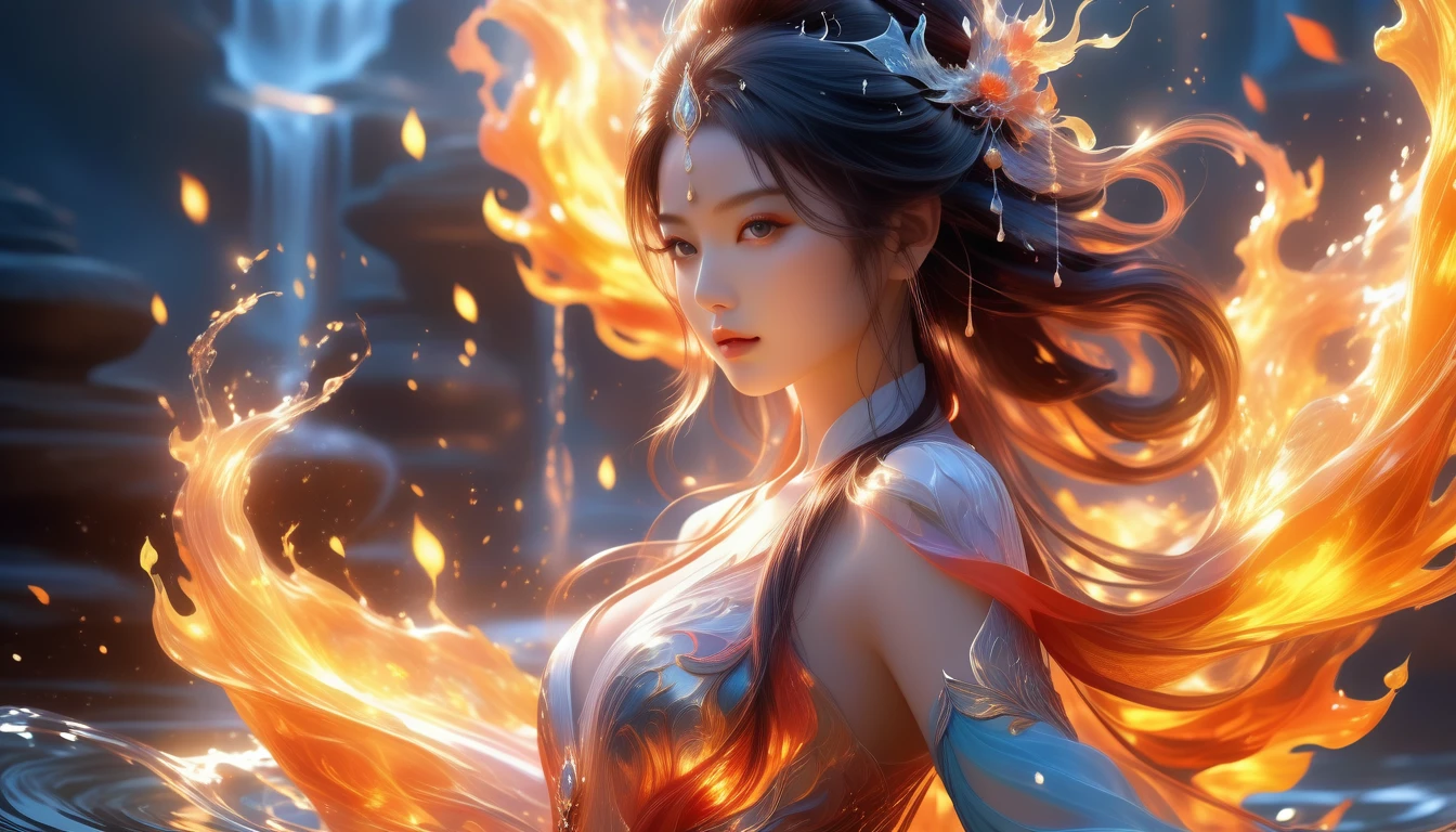 A Visionary Masterpiece In 32K Resolution, Exquisite Quality, Ultra-Detailed, Breathtaking Digital Creation, Artistic And Elegant, Extreme Highres 32K Digital Art, Fluid Motion, Intricate Patterns. A Girl With Flames And Cascading Water In Her Hair, Highlight Her Ample Breasts, Stunning Close-Up Fantasy With Elemental Water Magic, Concept Art Vibe, Ethereal Asian Woman, Immersive Fantasy Art Style.