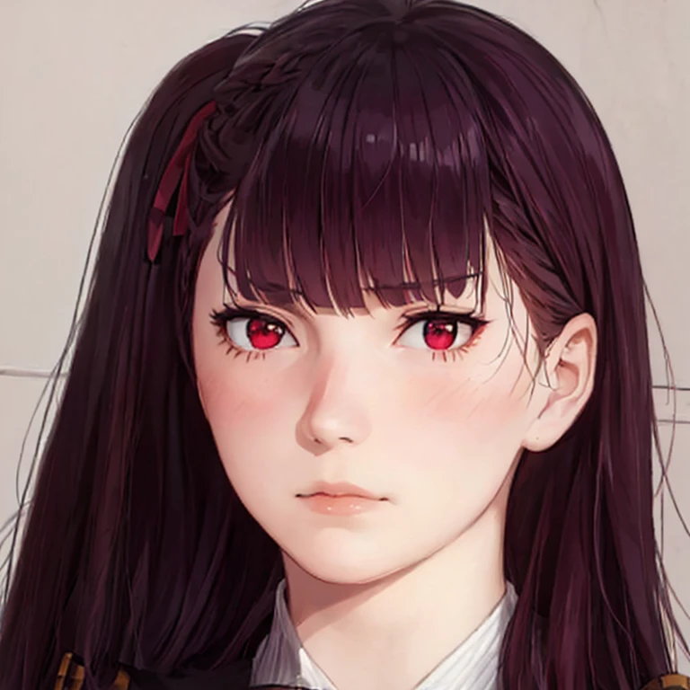 A young woman(beautiful,elegant), Just looking at the viewer, (realistic:1.4), (WA2K:1.0), red eyes, shirt, jacket, red tie, (burgundy hair color), Braid, (one side up:1.2), (Hair band), (blush, ashamed), (while getting angry),(detailed, ultra-detailed, high detailed, ultra realistic 8k CG, Perfect work of art, high quality), wooden table, flores, Interior