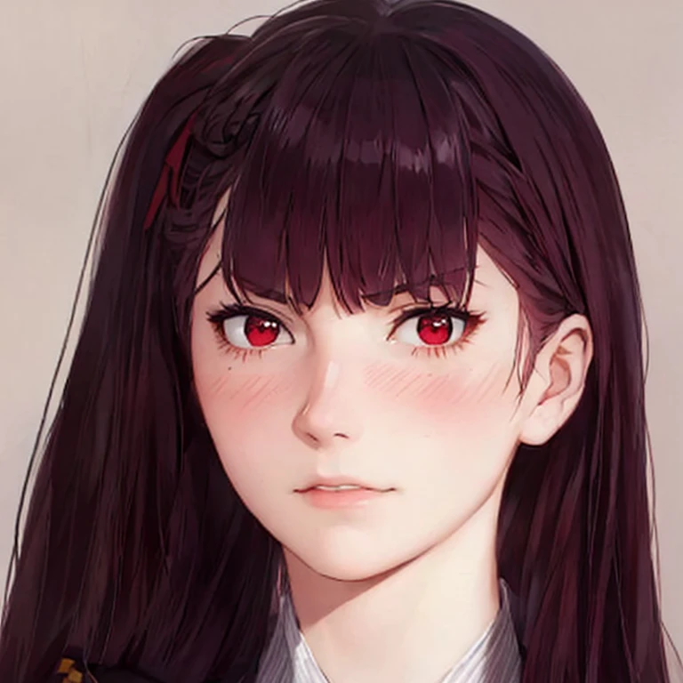 A young woman(beautiful,elegant), Just looking at the viewer, (realistic:1.4), (WA2K:1.0), red eyes, shirt, jacket, red tie, (burgundy hair color), Braid, (one side up:1.2), (Hair band), (blush, ashamed), (while getting angry),(detailed, ultra-detailed, high detailed, ultra realistic 8k CG, Perfect work of art, high quality), wooden table, flores, Interior