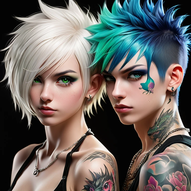 
Portrait of 2 cute Russian teenagers - a boy and a girl in the style of Alberto Seveso ,best quality, Very detailed, photorealistic, black hair on a punk boy and white hair on a punk girl, school heartthrobs ! Detailed eyes, upper body, naked torso, Luxurious Punk Hair, Avant-garde punk fashion, Avant-garde makeup, multiple piercings, Gold jewelry ,Heavily tattooed body, 3D Colored Tattoos, dragon tattoo on neck , abstract background, Backlight effect, shallow depth of field, black background" Meticulous, analog style, Focus on the eyes, of the highest quality, very detailed skin, photo of a very handsome Russian punk, perfect cute face, skin pores, penetration , green background, hips , clear focus, grainy lighting, Backlight ,high film grain, сфотографирован камерой Sony A7R IV, 18мм F/1.7 cinema lenses, very detailed, detailed development, 8 thousand., HDR, front view, upper body .