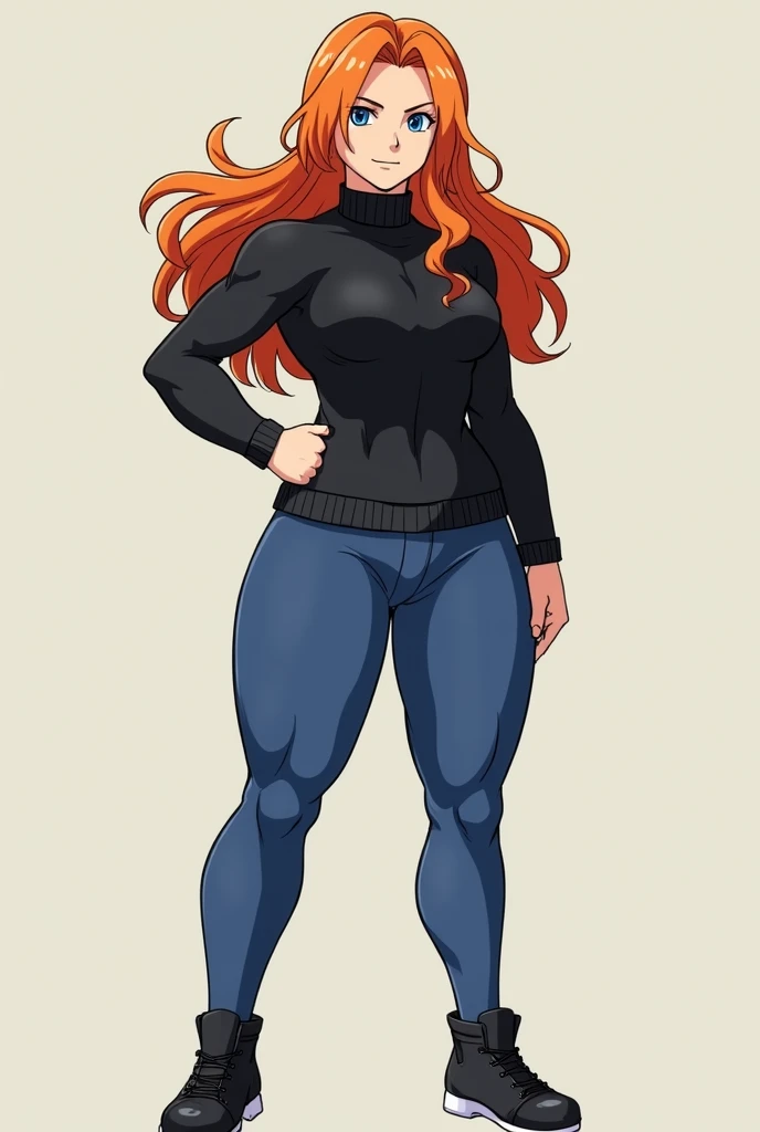 1 girl, super wide hips, super large butt, thicc, super large hips, super large thighs, super large breasts, black spandex pants, long red orange hair, purple sleeveless shirt, glasses, long ponytail, hourglass figure, black shoes, red orange eyes, masterpiece, high res, One Piece