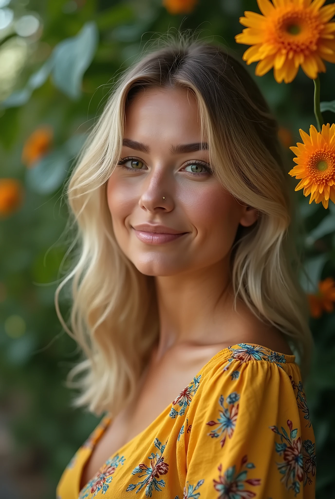 A blonde Brazilian woman in a lush tropical library, wearing a white shirt with, with a close-up capturing the harmonious beauty among natural flowers, showing your natural charm