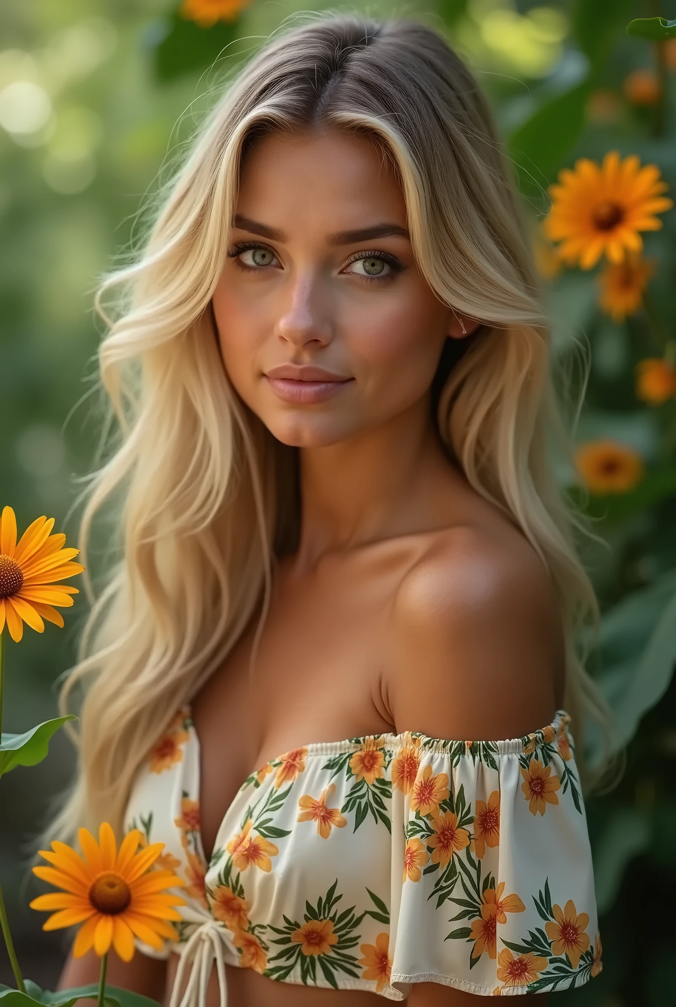 make a naked woman, with very big nipples and also a big butt, that has semi-long gray hair, with blue eyes, and that he is planting a sunflower in a garden