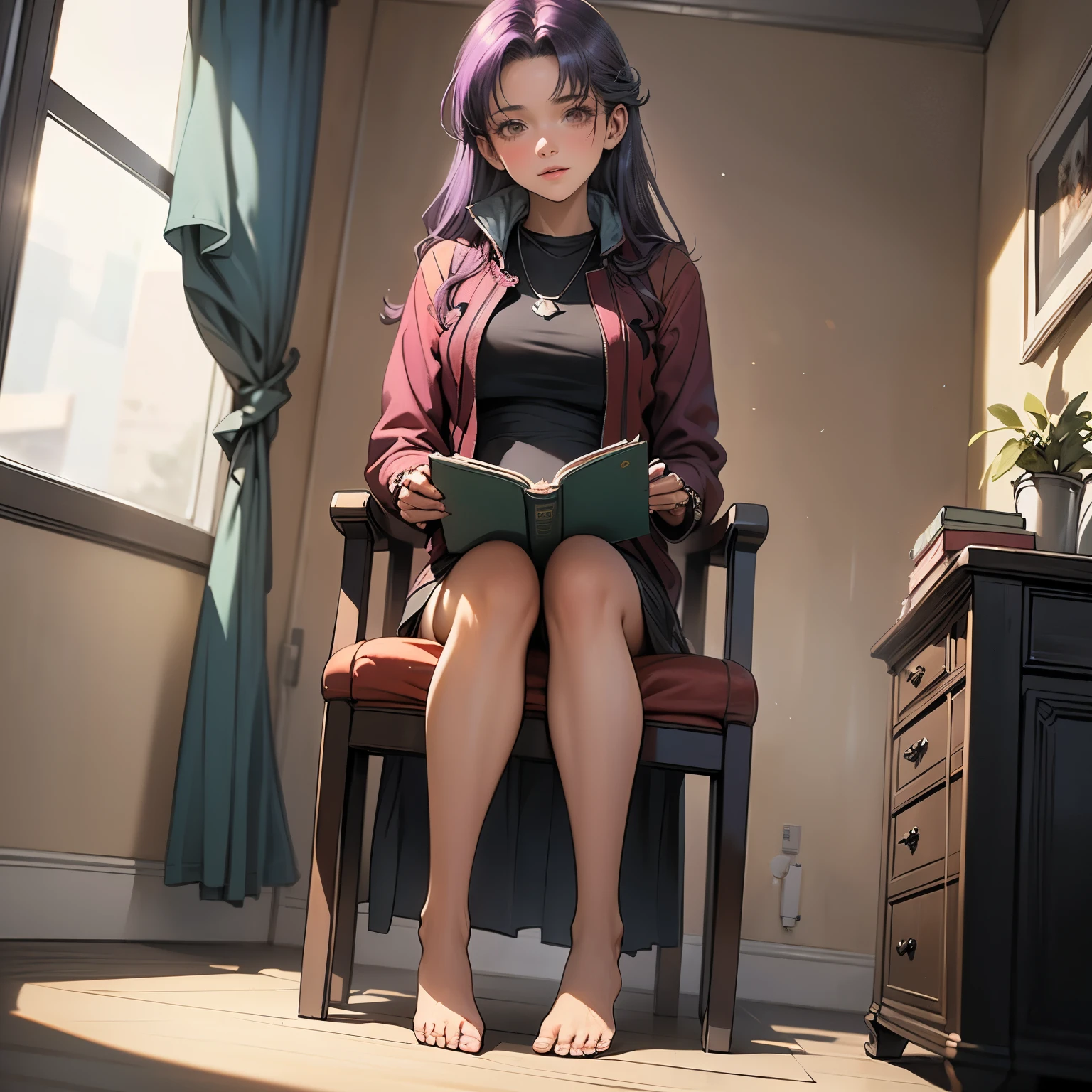 (masterpiece), best quality, 1girl, expressive eyes, perfect face, (purple hair), perfect anatomy, full body, 4k, HDR, full HD, alone, she is sitting near her desk in her bedroom, she is reading a book Lord of the Rings, she wears comfortable clothes to walk around her house, barefoot,