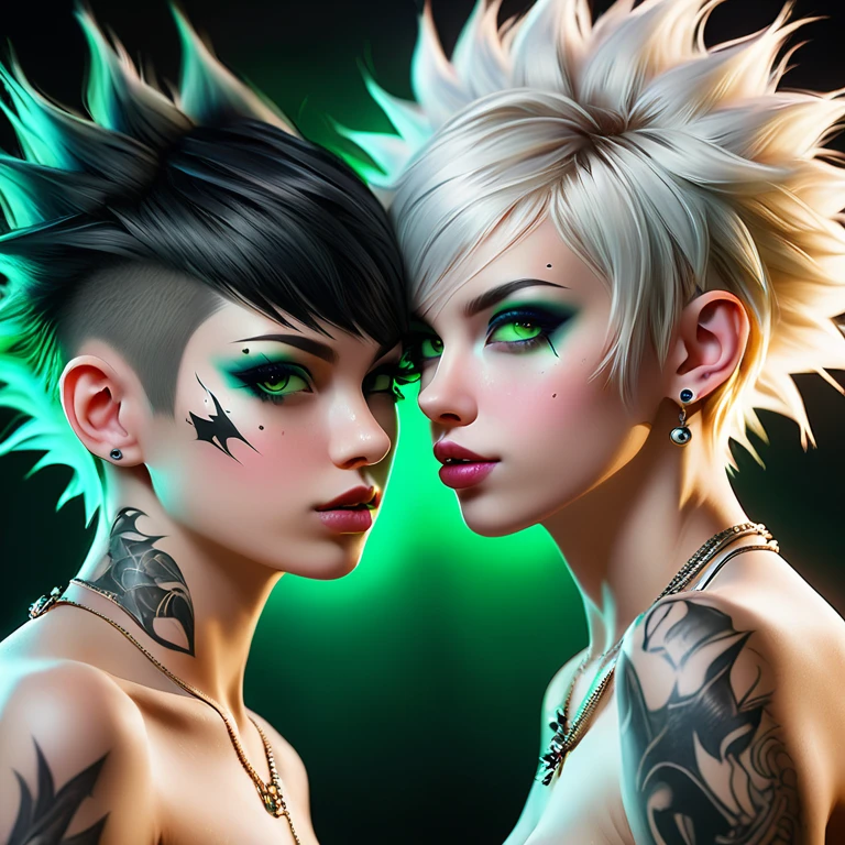 
Portrait of 2 cute Russian teenagers - a boy and a girl in the style of Alberto Seveso ,best quality, Very detailed, photorealistic, black hair on a punk boy and white hair on a punk girl, school heartthrobs ! Detailed eyes, upper body, naked torso, Luxurious Punk Hair, Avant-garde punk fashion, Avant-garde makeup, multiple piercings, Gold jewelry ,Heavily tattooed body, 3D Colored Tattoos, dragon tattoo on neck , abstract background, Backlight effect, shallow depth of field, black background" Meticulous, analog style, Focus on the eyes, of the highest quality, very detailed skin, photo of a very handsome Russian punk, perfect cute face, skin pores, penetration , green background, hips , clear focus, grainy lighting, Backlight ,high film grain, сфотографирован камерой Sony A7R IV, 18мм F/1.7 cinema lenses, very detailed, detailed development, 8 thousand., HDR, front view, upper body .