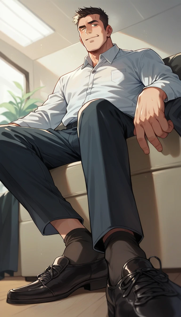 man in office attires, pants:2, sitting on a sofa showing smelly black long dress-socks, Low angle, long shoot, good face