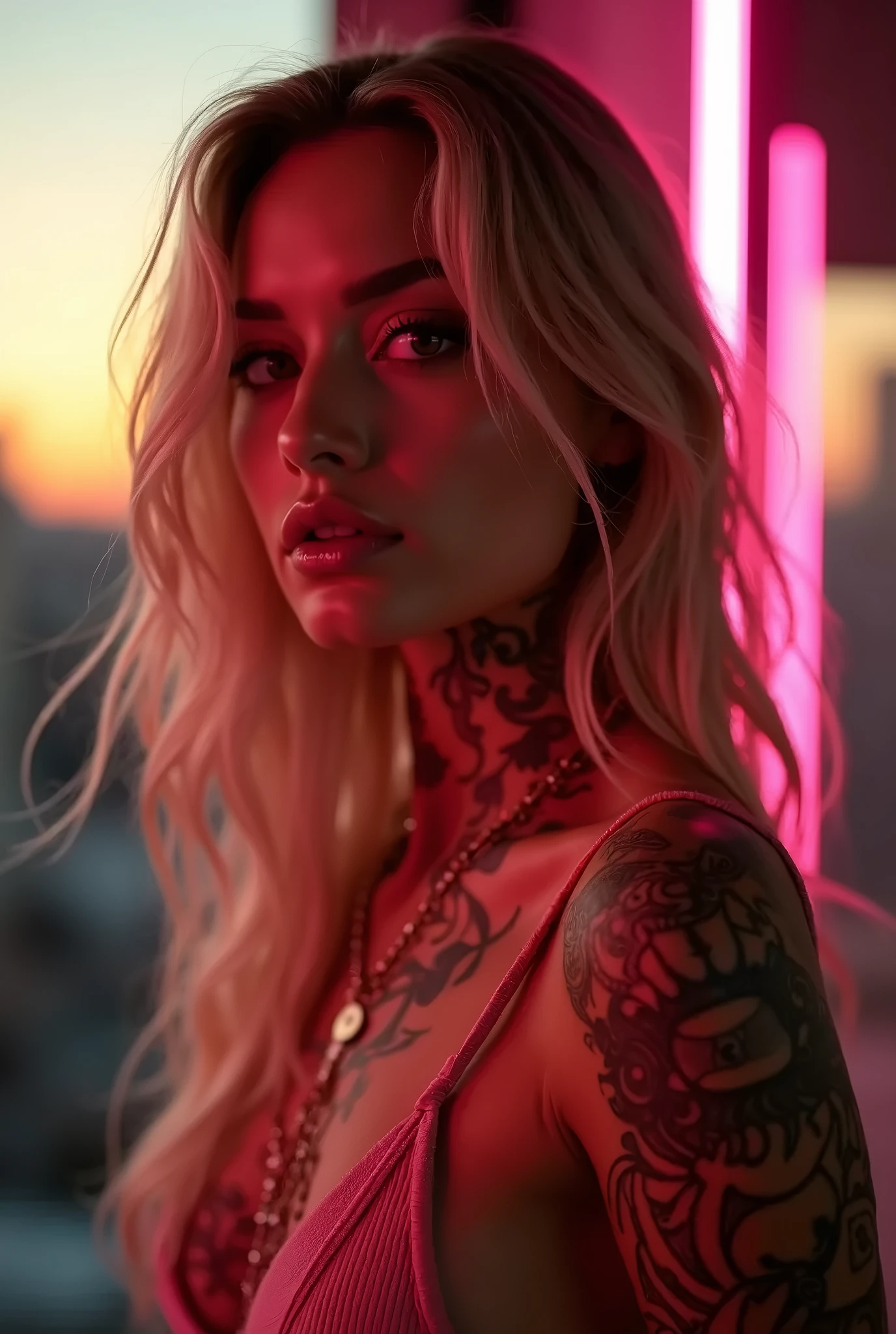 ( disable censured content) naked tall blonde woman, strong makeup red lipstick wearing nothing but several tattoos on the body, a butterfly tattoo on the chest, buildings in the background, A night city , with her ass banding in our direction opened for us