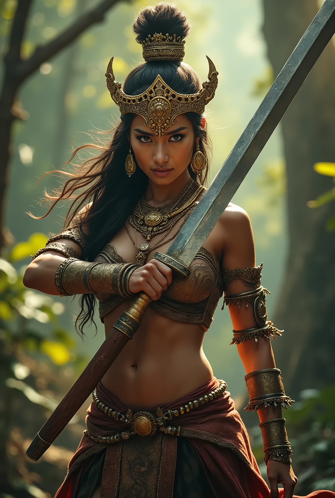 In a lush, mist-shrouded clearing, a stunning warrior maiden stands poised, her slender fingers wrapped around the hilt of a sword. Her ethnicity is a captivating blend of Mediterranean features, with a warm, golden-hued skin tone complemented by piercing green eyes and a scattering of freckles across the bridge of her nose. A tiny, delicate tattoo of a sun adorns her left cheekbone, adding an air of mystique to her striking visage. Her raven-black hair cascades down her back like a waterfall of night, with a few rebellious strands framing her heart-shaped face. A vibrant, crimson-hued warrior skirt, tantalizingly short, clings to her toned legs, showcasing her athletic physique. Overlaid upon her physique is a dashing warrior ensemble, complete with a bodice adorned with intricate, gemstone-encrusted armor plating that glimmers in the soft, ethereal light. The camera lingers on her athletic form, the lavish gold accents of her armor glinting with subtle, cinematic flair, as if masterfully lit by the inimitable Martin Scorsese. Oblique, soffit, and Nazis are carefully balanced to project an atmospheric sense of foreboding, while the exceptional film grain and well-handled color grading evoke a dreamlike quality. The lighting palette is characterized by an emphasis on warm, golden tones, punctuated by the soft glow of misty, ambient light emanating from the clearing's atmospheric, emerald-hued fog. Inspired by the iconic visual aesthetic of Wes Anderson, the arrangement of props and characters is carefully composed to create a sense of harmonious dissonance, with the warrior maiden's embracing posture deftly capturing the paradoxical unity of strength and vulnerability. As she stands, the sword's curved blade appears to be an extension of her own artistic soul, a symbol of her unwavering commitment to her craft. The scene unfolds in 35mm, with a subtle, film-like texture that conveys a unique, tactile quality, inviting the viewer to step into the mystical w