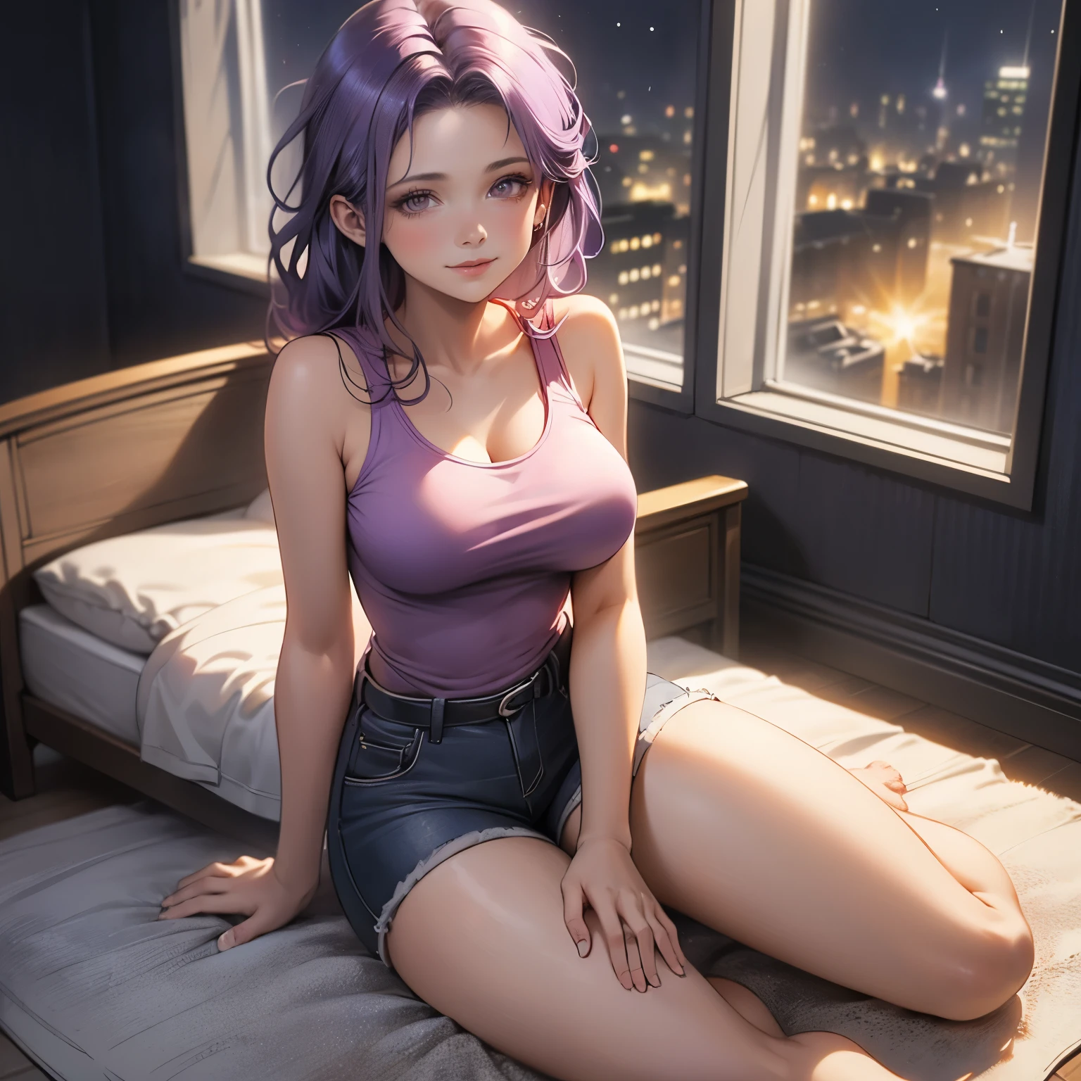 (masterpiece), best quality, 1girl, expressive eyes, perfect face, (purple hair), perfect anatomy, full body, 4k, HDR, full HD, alone, she is sitting near a window in her bedroom, she is watching the full moon, She wears a pink tank top, blue silk shorts to walk around her house, barefoot,