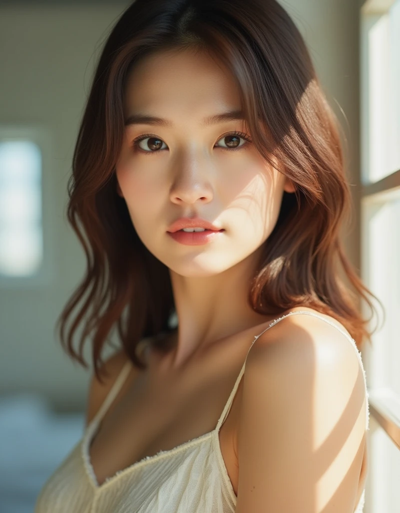 beautiful Asian girl, gazing at camera, ballerina, booty peek, sideboob, sweaty skimpy wet disheveled panties, freckly sweaty skin, sweaty long blonde hair, dress peeking, bathing in backlighting, shot from the back, backview, photo from the back, opening buttons, sunrays, petals falling, roses, opening shirt, showing clevage, butt, fog, haze, sweaty, dripping, hot girl, showing clevage, rose petals, beautiful face, sunlit, in attic, covered in flowers and petals, godrays, cozy, wet skin, morning dew, backlighting, hazy, golden hour, morning light, erotic mood, alone, countryside, shy, masterpiece, best quality, ultra-detailed, solo, smoke, shadows, contrast, close-up, cinematic light, side lighting, ultra high resolution, best shadow, RAW, 4k, sexy, cleavage, style of david hamilton,