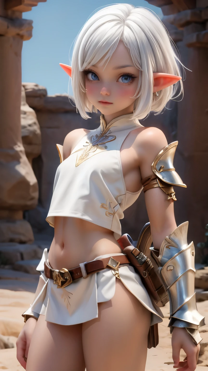 Ariel, upper body portrait, elf, ((short white hair)), beautiful, cute skimpy fantasy armor, warrior, midriff, fit, white hair, cowboy shot, desert background, realistic fantasy ,concept art