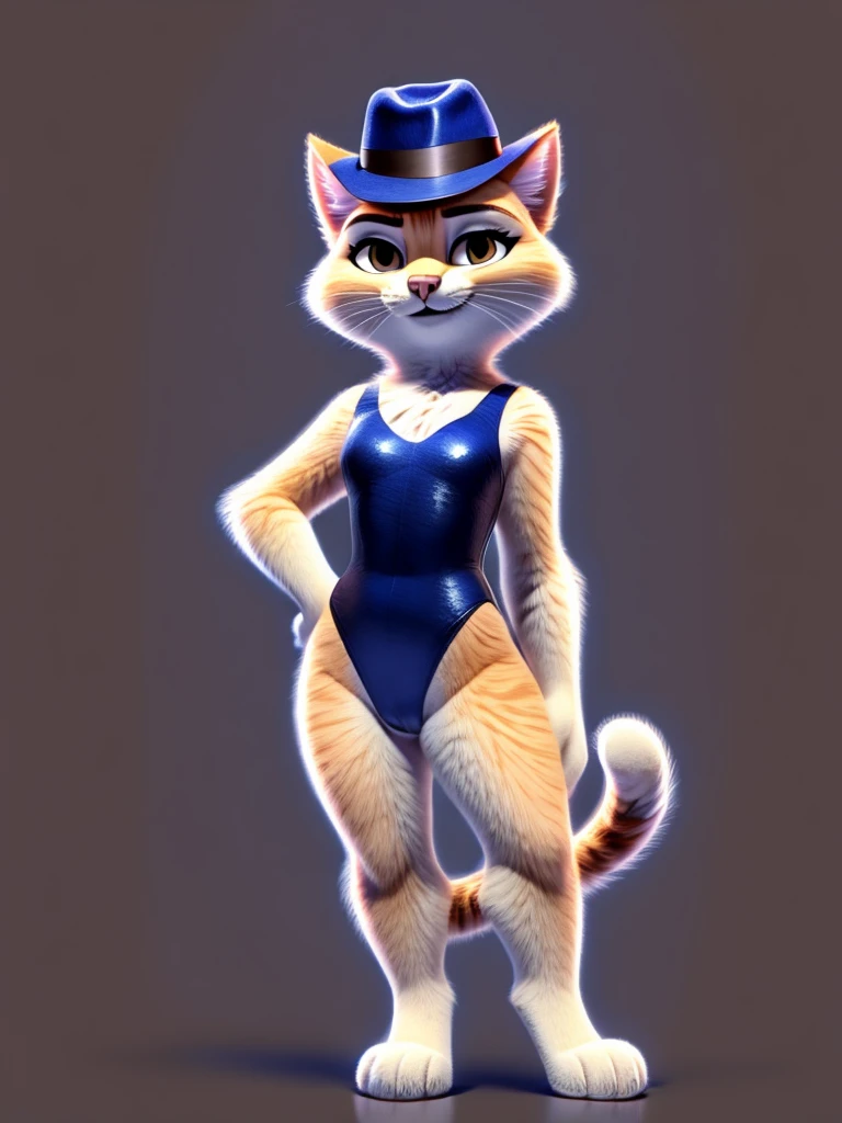 Kitty Softpaws, DreamWorks Animated, Leotard, ((Wearing a fedora hat)), 3:1 Hip to leg ratio