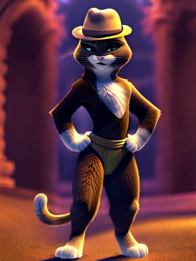 Kitty Softpaws, DreamWorks Animated, Leotard, ((Wearing a fedora hat)), 3:1 Hip to leg ratio